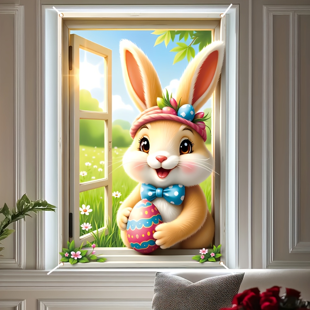 

1pc Easter Bunny Window Hanging Decor, Polyester Easter Party Banner, , No Feathers, Electricity-free, With 119.89cm X 79.76cm For Indoor & Outdoor Decoration, Poster