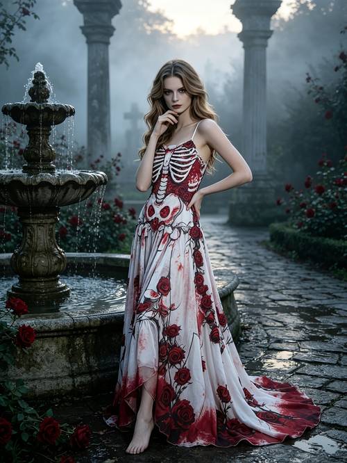 women skeleton rose cami maxi dress deep v neck floral decor blood stain print halloween gothic spooky long dress for women