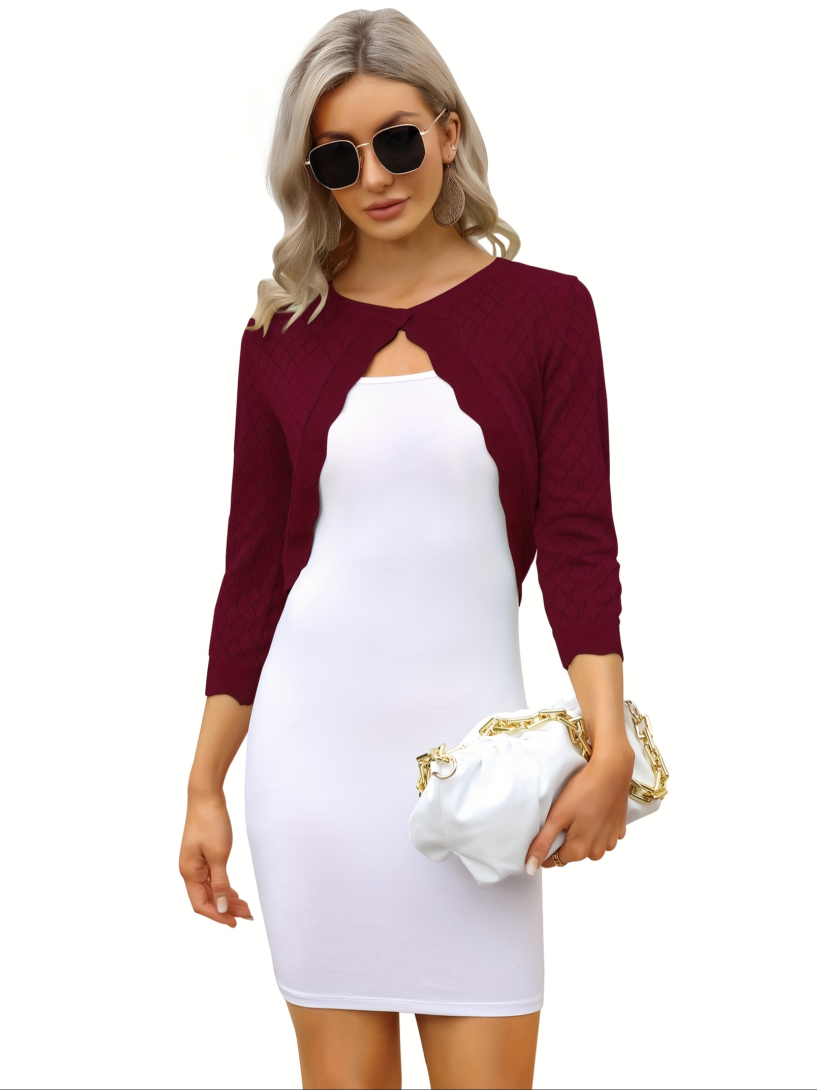 elegant womens 3 4 sleeve cropped cardigan open front knit - Temu