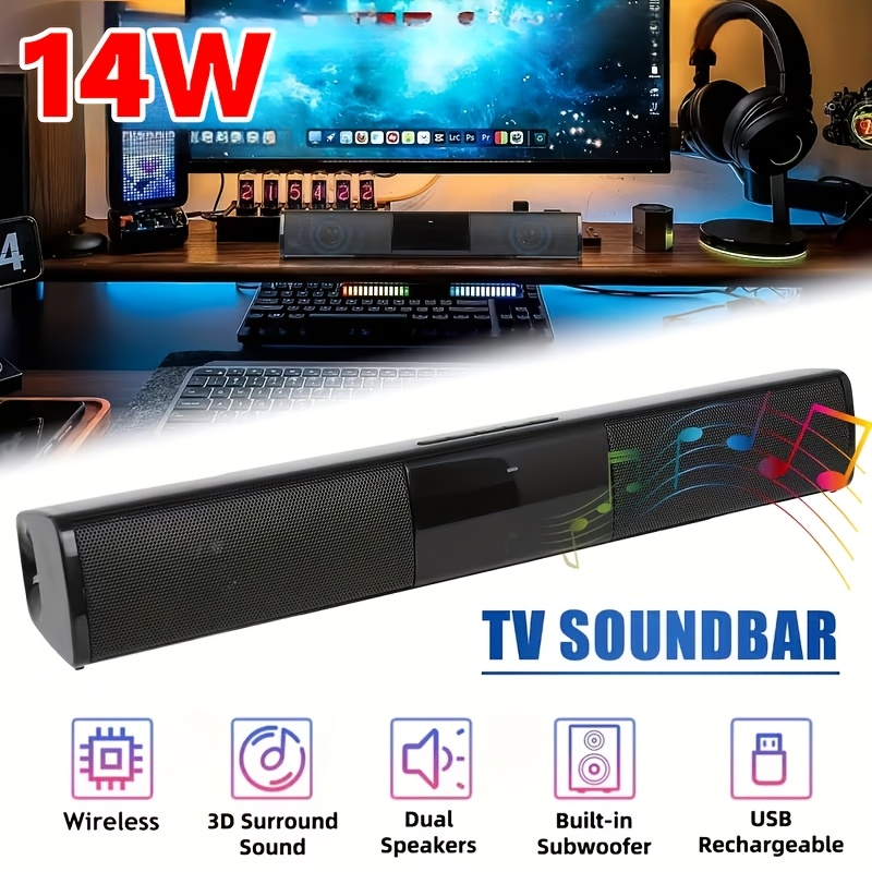 TEMU 1pc 14w Stereo Wireless Sound Bar Compatible For Tv, Computer, Smartphones/tablets/dvd Players With Wireless Surround Sound System,, Fm Radio,