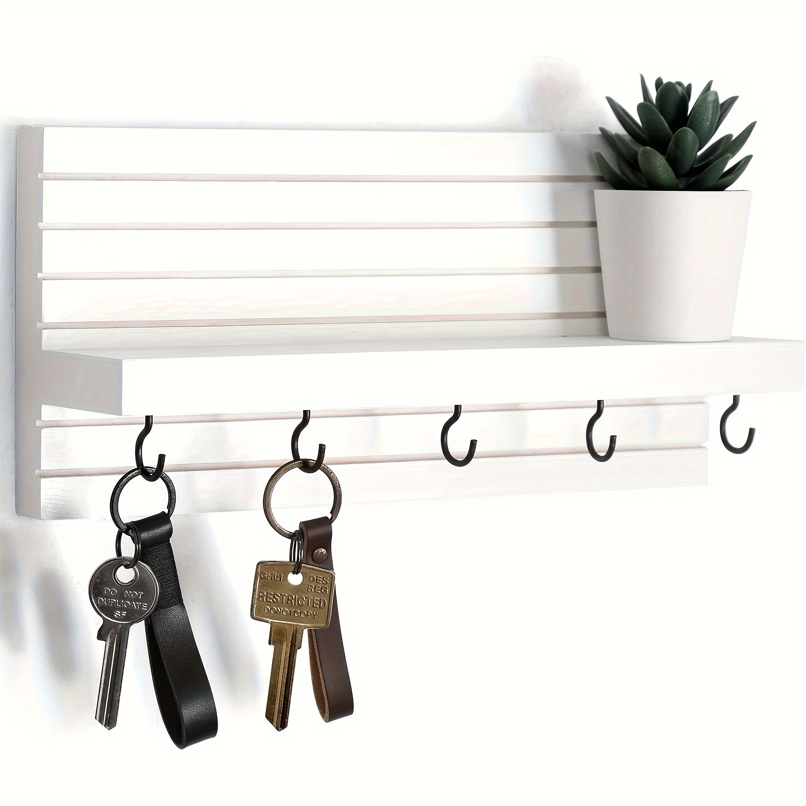Wooden Key Holder - Wall Mounted Mail Organizer And Key Hanger - Entryway Shelf With 5 Hooks - Decorative Rack For Car Keys