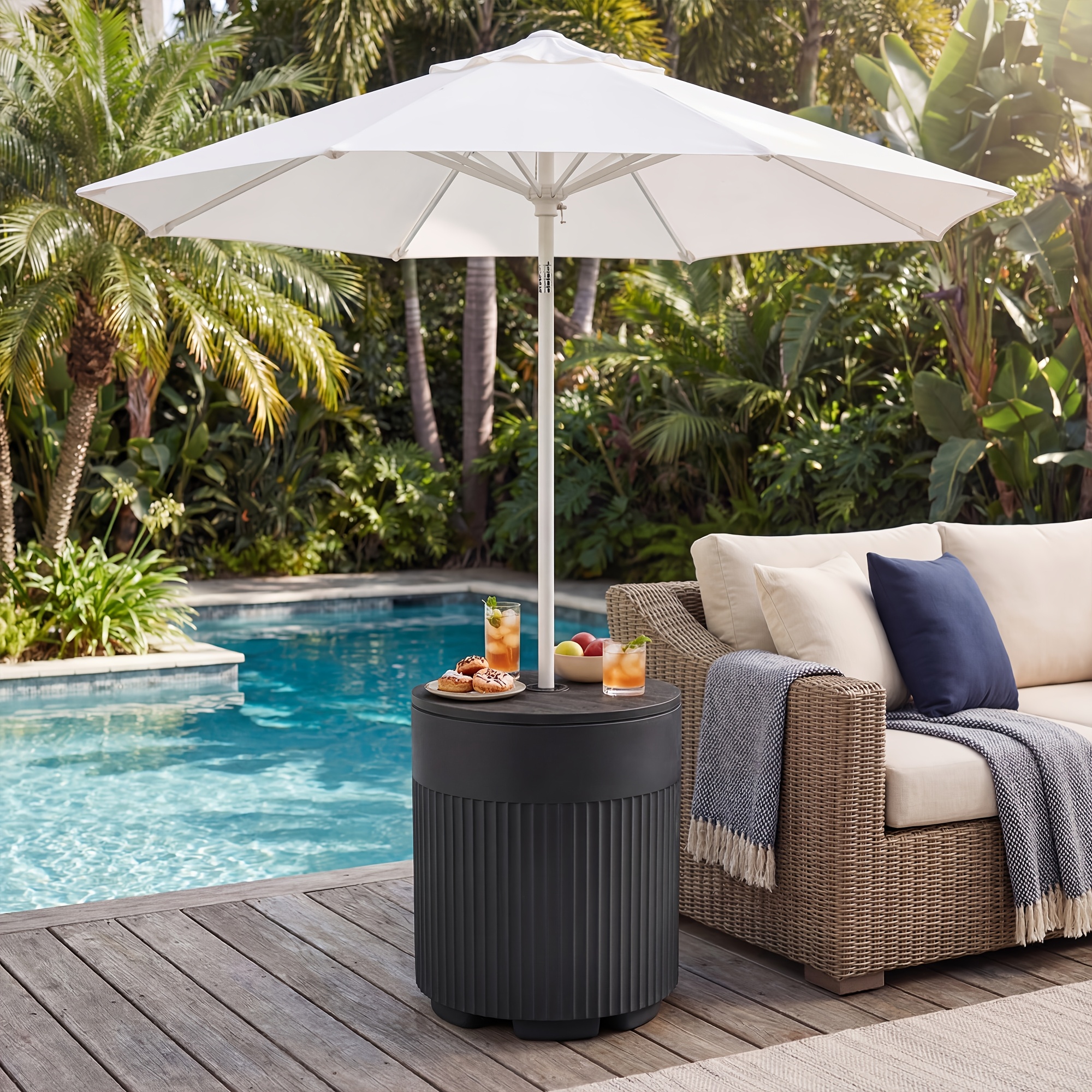 14.6in Patio Umbrella Base Side Table, Black Outdoor Umbrella Stand with Tabletop - 2-in-1 Heavy Duty Umbrella Holder And Accent Table for Garden, Deck, Poolside, Beach