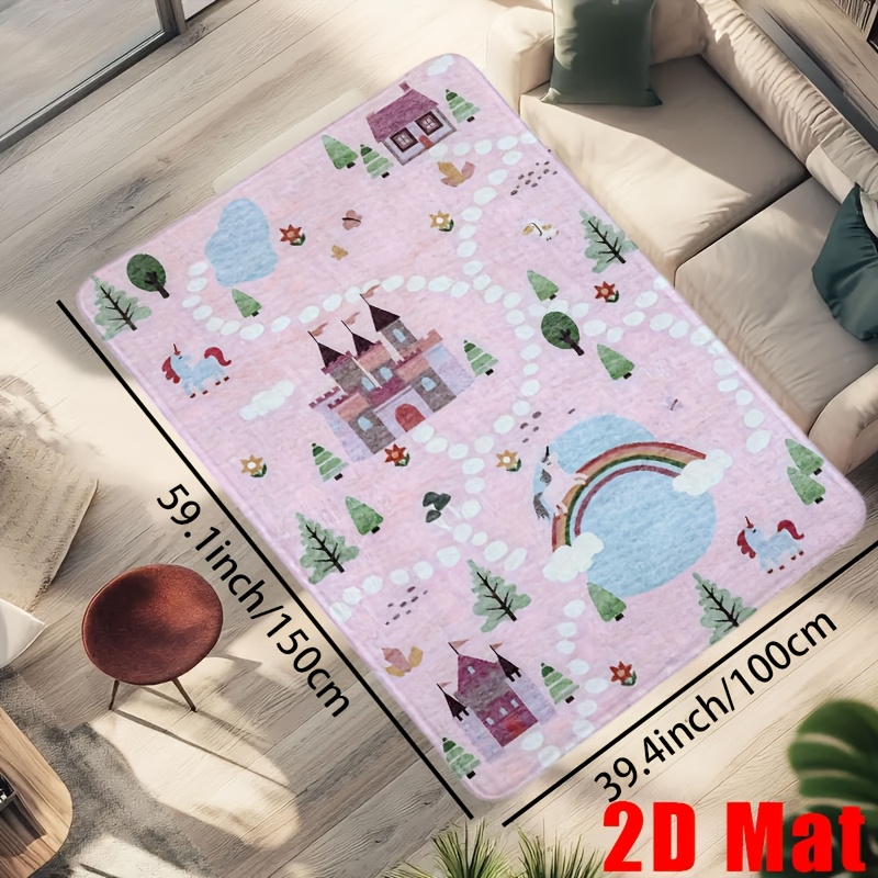 TEMU Local Playtime 8460inch Non-toxic Soft Area Rug, Pink White Unicorns Castle Road Map, Bonded Pile, Thickness 1.2cm, Square, /㎡, Fabric,