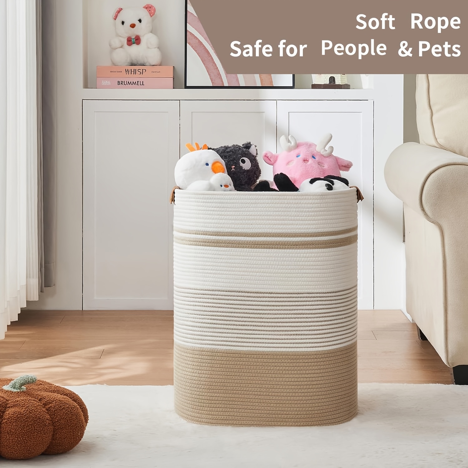 Laundry Basket with Handles - Blanket Basket And Hampers for Bedroom Aesthetic, Laundry Hamper And Blanket Storage for Living Room, Clothes Hamper, Tall, Large Light Brown And White, Shelf Baskets