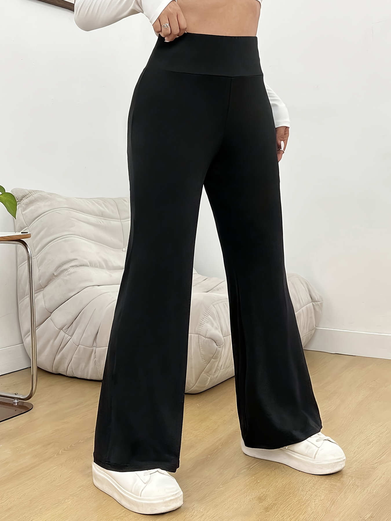 Solid Color Women's High-Waisted Flared Pants, Elegant Long Pants for Spring, Summer, Autumn, Daily Wear