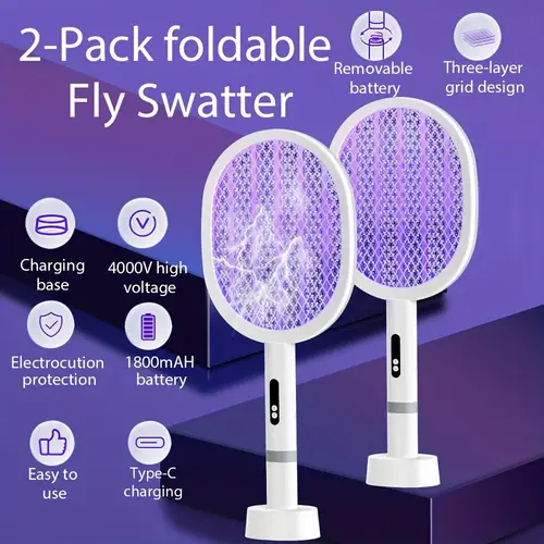 2in 1 electric fly swatter detachable handle bug zapper racket fly zapper rechargeable battery indoor outdoor fly trap mosquito killer with 3 layer safety mesh for home kitchen patio camping
