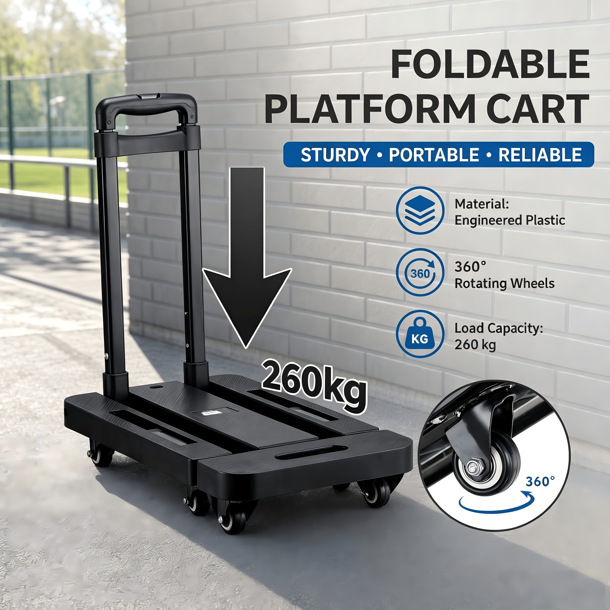 TEMU 260kg Heavy Duty Foldable Hand Truck, Stainless Steel Telescopic Handle Platform Trolley With 360° Silent Tpr Caster Wheels, Anti-slip Rolling