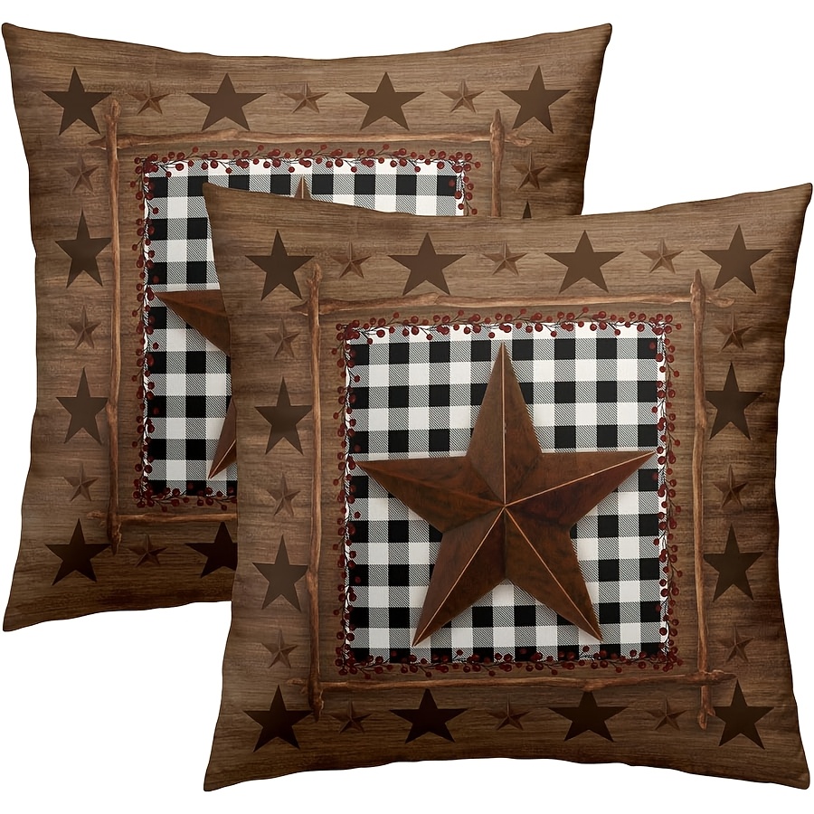 

2pcs, Polyester, Rustic Western Style Pillow Cover - 18x18 Inch Black White Pillow Cases Set Of 2 Vintage Style Stars Cushion Cover For Home Bedroom Sofa Decor, Single-sided, No Pillow Core