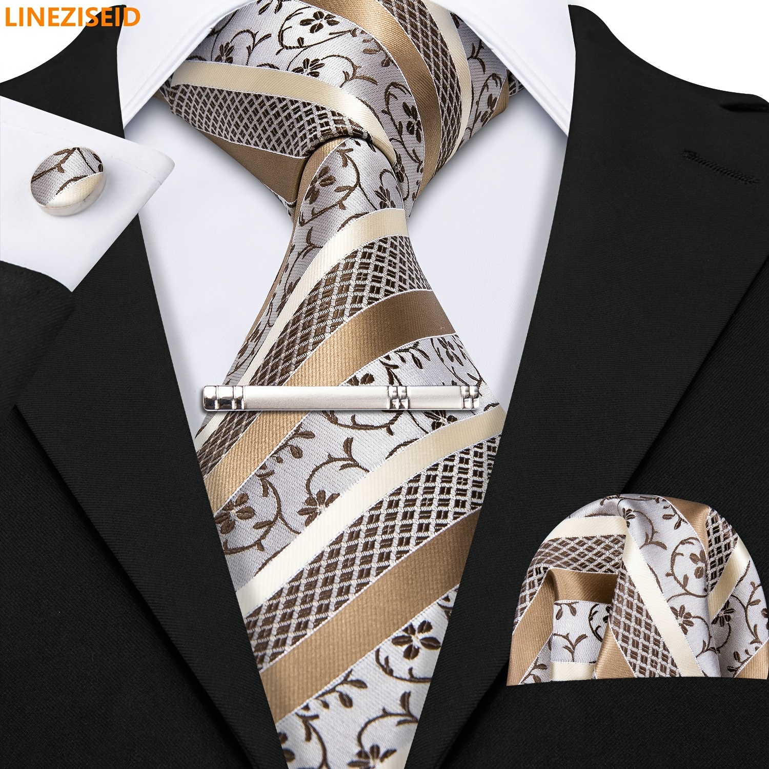 

Lineziseid Man Stripe Ties Set Silk Woven Pocket Square Necktie Cufflinks & Tie Clip Formal Party Business