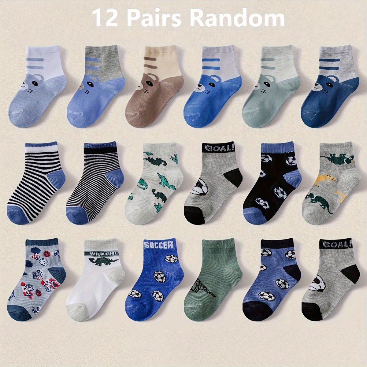 12-pack Boys' Socks With Cartoon Patterns Of Dinosaurs, , And Soccer Balls, Comfortable Mid-calf Socks, Styles