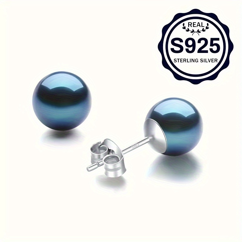 Image of Round Black Cultured Pearl Earrings Sterling Silver S925, Mother, Girlfriend, Lover, All Kinds Of Gift