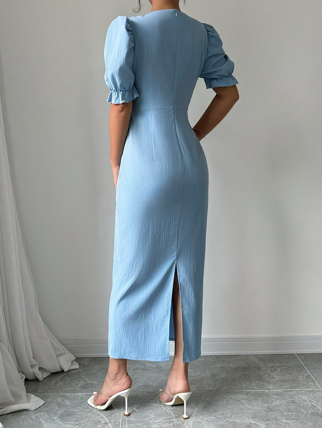 elegant puff sleeve bow detail side light blue dress Temu Kuwait