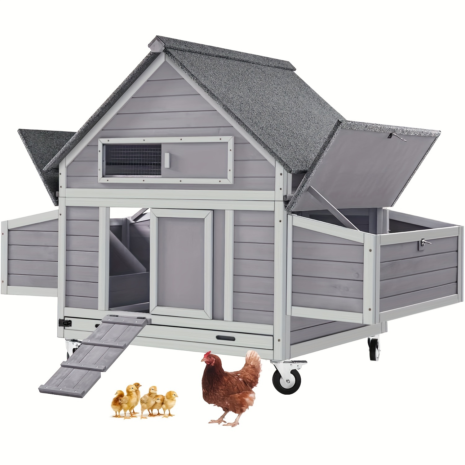 

Aivituvin Chicken Coop, Outdoor Wooden Hen House With 2 Nesting Boxes, Movable Large Duck Cage On Wheels