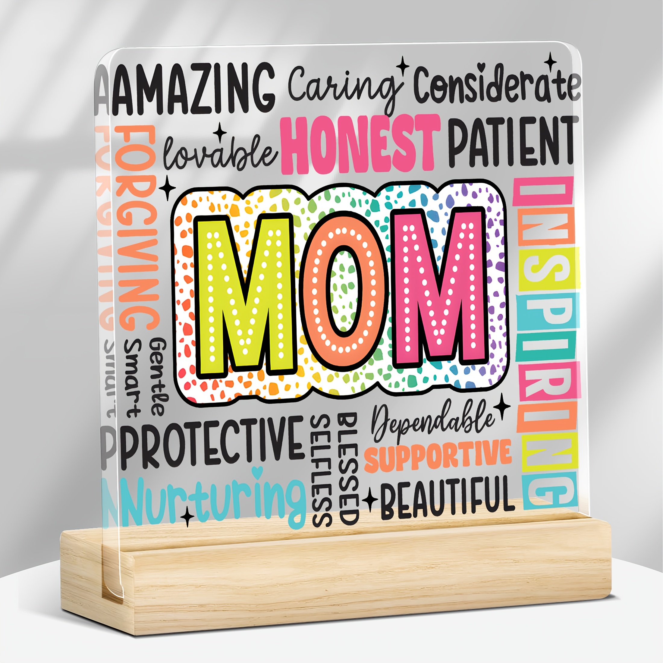 TEMU 2d Flat, 1pc Colorful Acrylic Mom Plaque With - Best Gift For & Birthday From Daughter/son, Inspirational Decor, Desk Ornament With Wooden Stand
