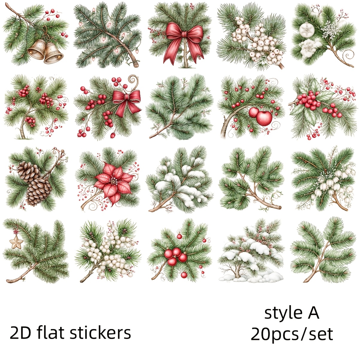 TEMU 20pcs/Set d'autocollants plats 2D Branche de pin de Noël Esthétique Autocollants décoratifs Divers Livres de scrapbooking Artisanat Sacs de