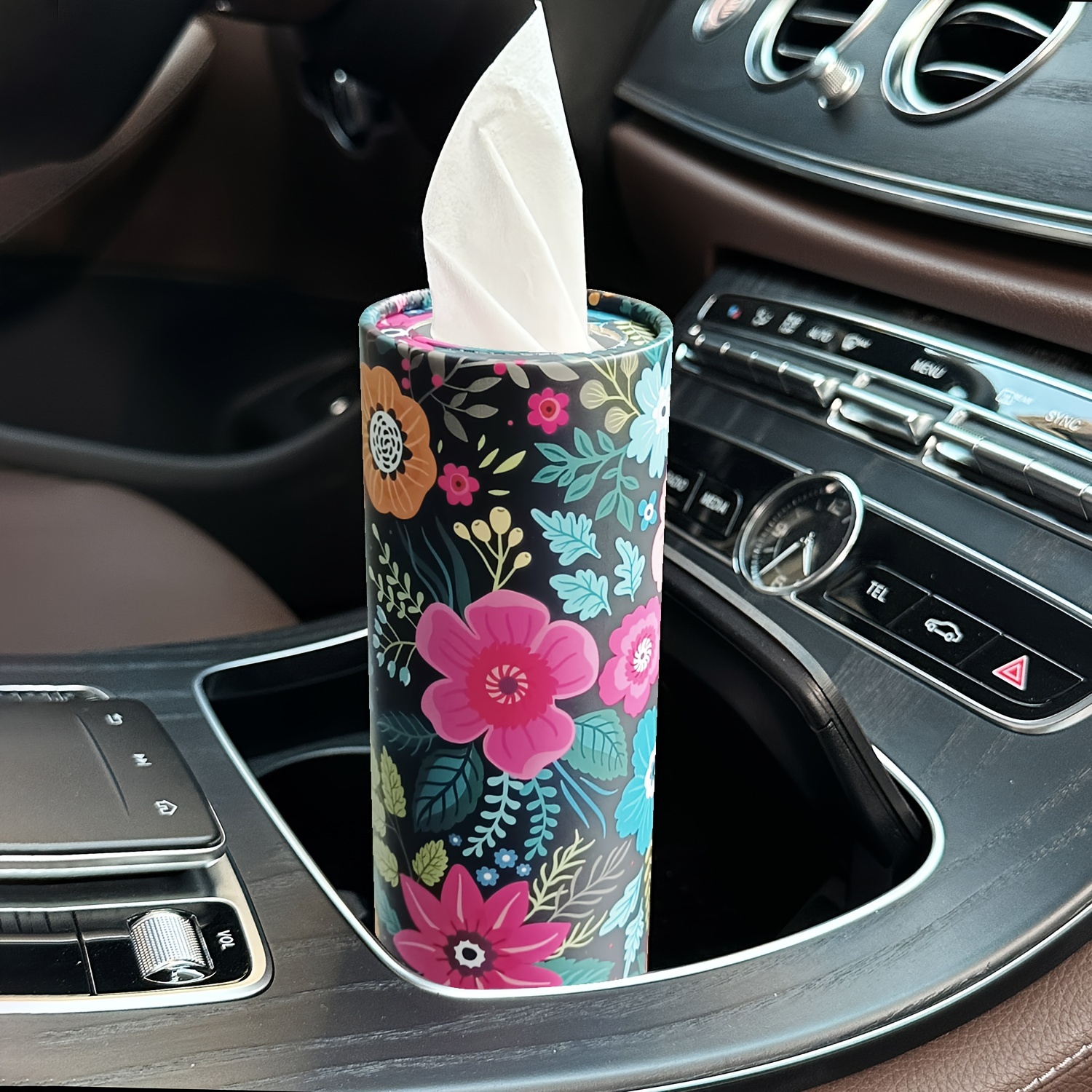 

1pc Pink Beauty Flowers Car Tissues Box With Facial Tissues - Womens Travel Tissue Cylinder Tubes For Car Cup Holder, Round Tissue Case For Home Dining Table