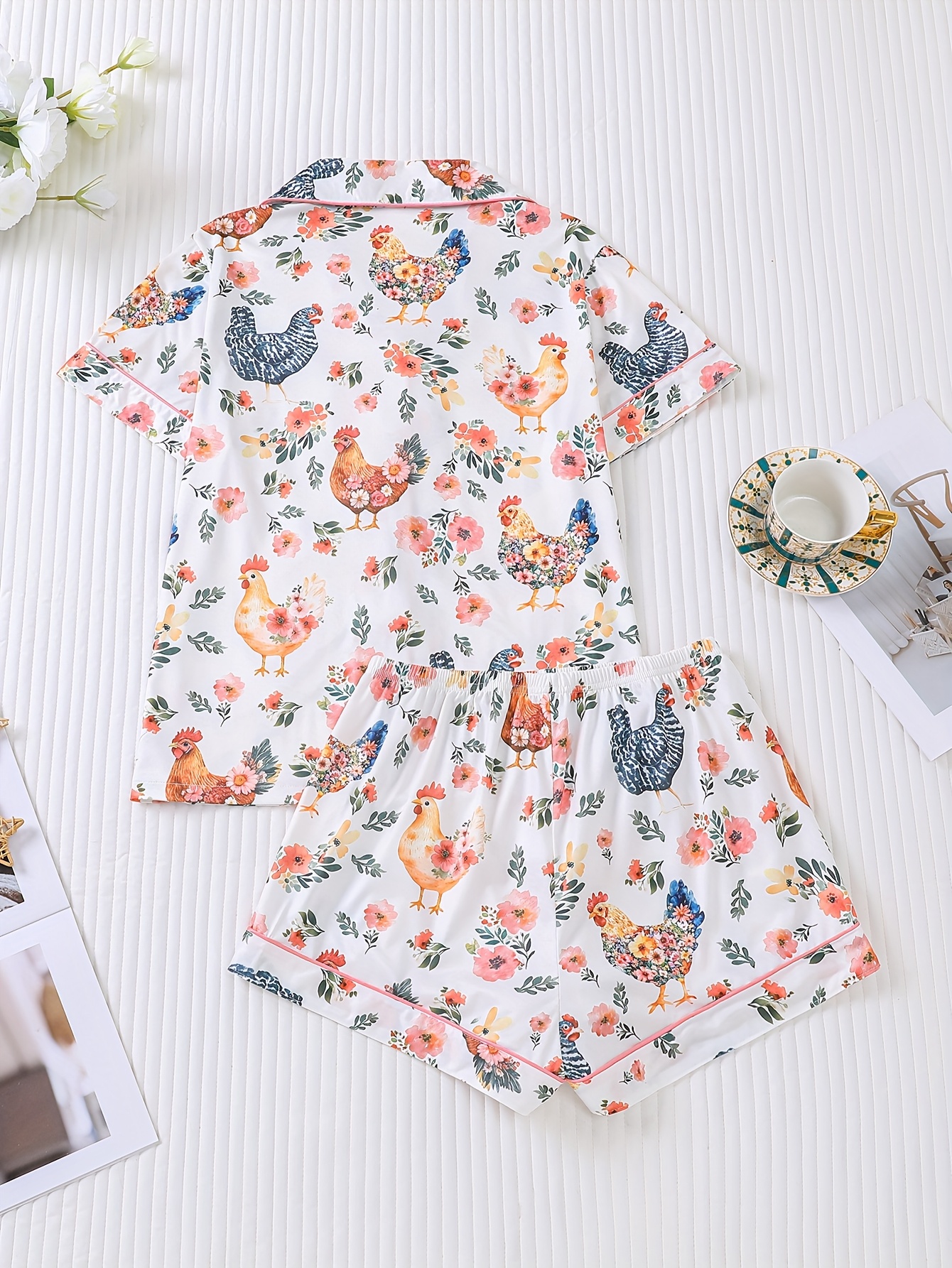 two piece womens elegant polyester white pajama set chicken print fabric     short sleeved button top with collar and matching shorts all   and pocket details   adults pajama sets Product details 1