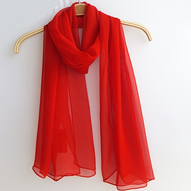 

Elegant Long Red Scarf For Women - Lightweight, Sheer Polyester Shawl With Texture, Ideal For Beach, Fashion Shows & Sun Protection, Machine Washable