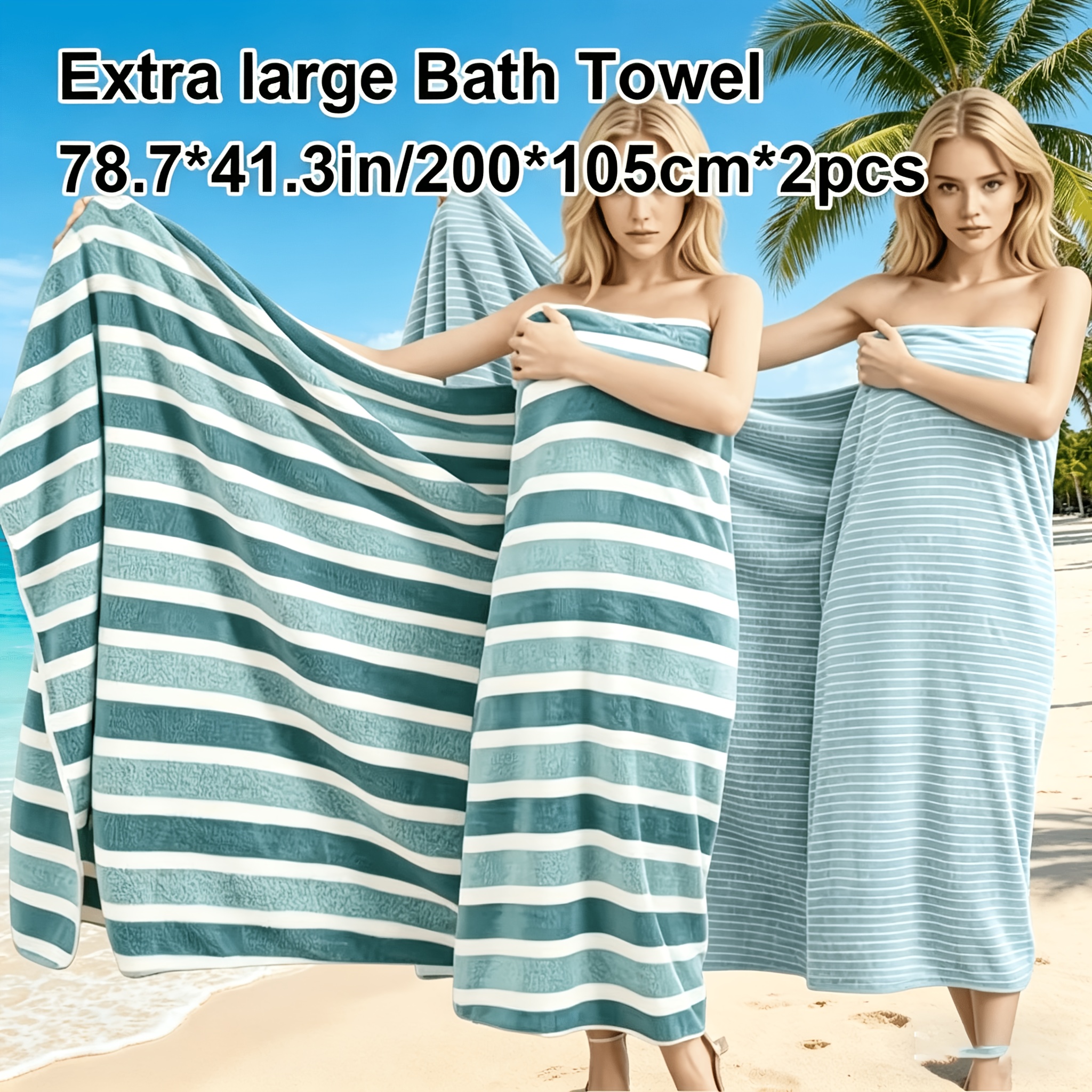 TEMU Lot de 2 serviettes à rayures extra-larges, 200*105 cm, en microfibre douce et confortable à fort pouvoir absorbant. Convient pour articles de