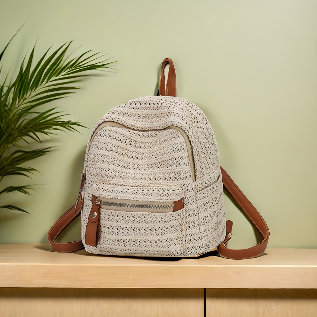 

Chic Khaki Straw Backpack For Women - Fashionable Linen Woven Travel Bag With Zip Closure, Polyester Lined