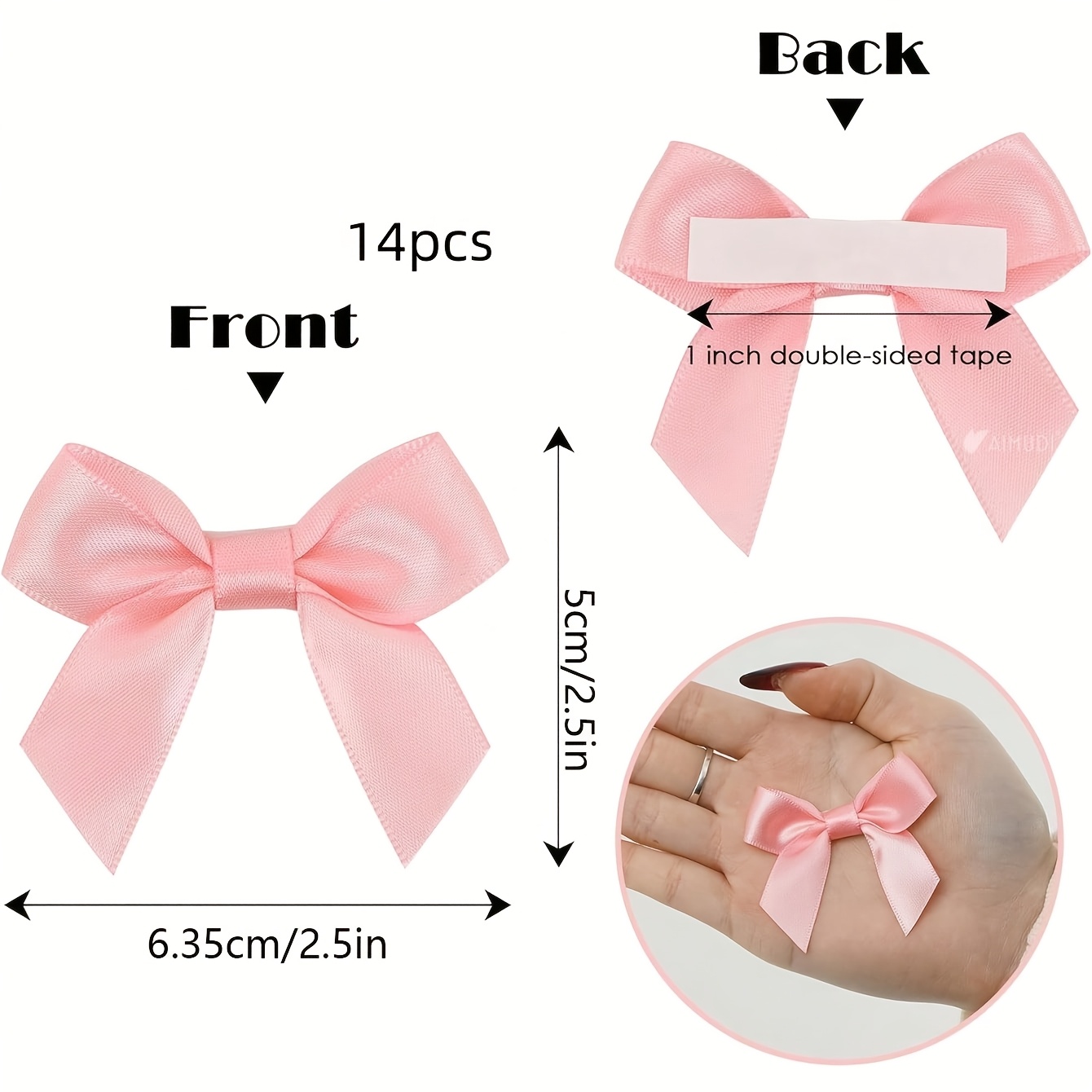 Image of 14pcs/set Light Pink Satin Bows, 2-inch Self-adhesive Satin Ribbons, For Gift Wrapping, Pre-made Satin, Double-sided Tape Craft, Birthday, Wedding Party Decor Christmas Decorations
