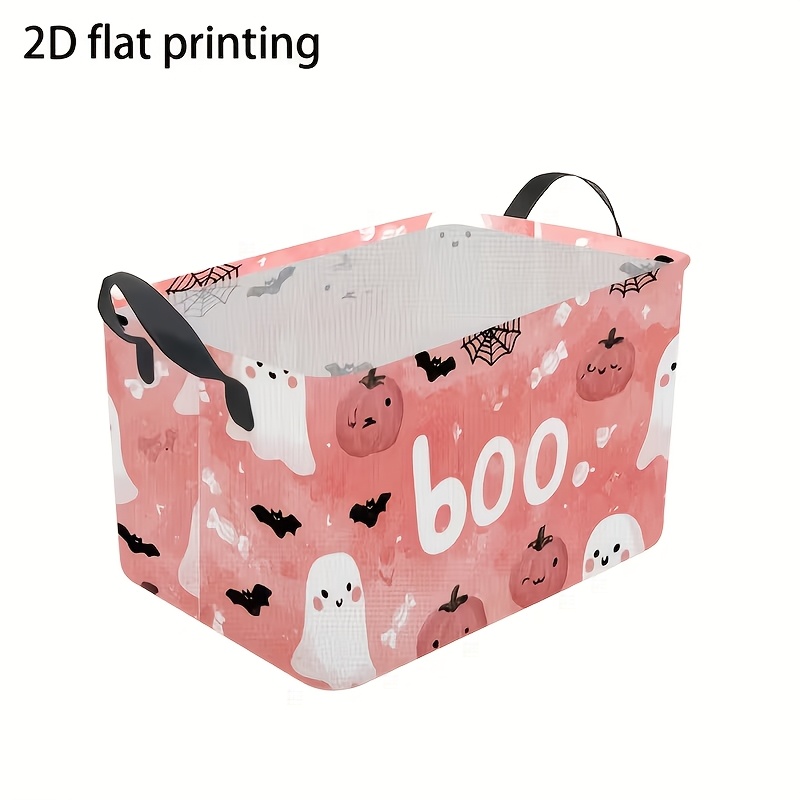 TEMU 1 panier à linge rose Halloween citrouille Boo lettre, panier de rangement pliable en tissu avec imprimé de toile d'araignée de chauve-souris,