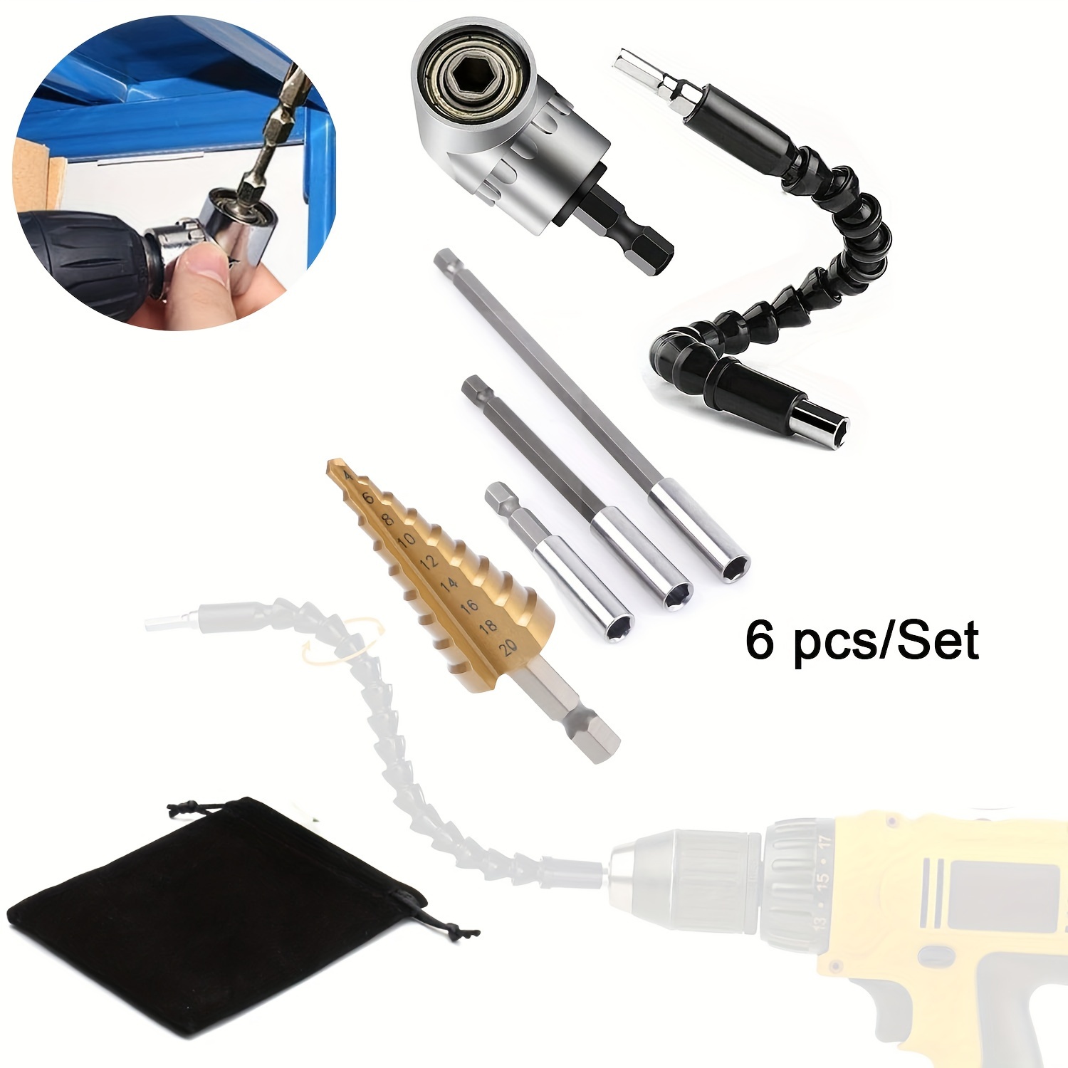 17 Pcs Flexible Drill Bit Extension 105 Degree Right Angle Drill Adapter,360° Rotatable 1/4 3/8 1/2" Impact Grade Socket Adapter Set,90° Angled