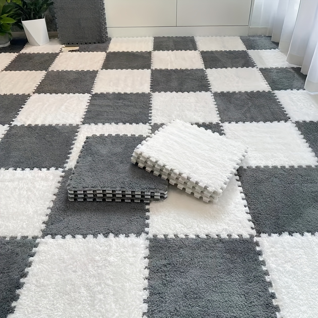 30pcs braided flannel area rug set low pile washable square mats polyester 10 eva 90 machine made floor tiles for bedroom living room dressing room   room tatami bay window home decor holiday themes details 2