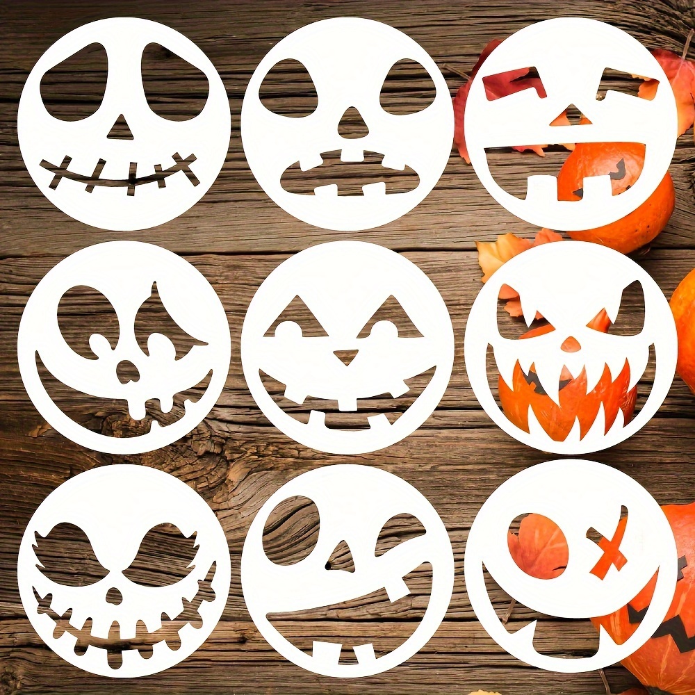 

9-pack Pumpkin Carving Stencils, Reusable Plastic Templates For Diy Art And Crafts, Flexible Scary Face Paint Stencils For Wood, Walls, Glass And Shirt Decoration