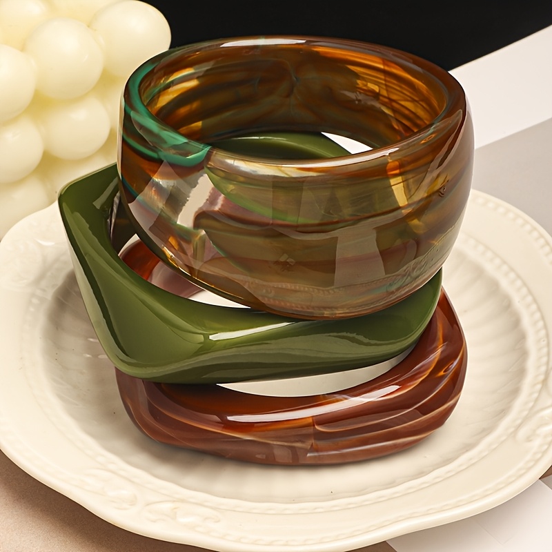 TEMU 3pcs Set Smudged Resin Women's Curved Bangle Bracelet, Irregular Geometric Ring-shaped Hand Jewelry, Suitable For Daily Wear And Parties