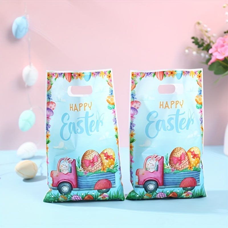 

10pcs Easter Gift Bags With Vibrant Bunny & Egg Designs - Plastic, "" Greeting, Ideal For Favors & Dessert Packaging, Small Gift Bags