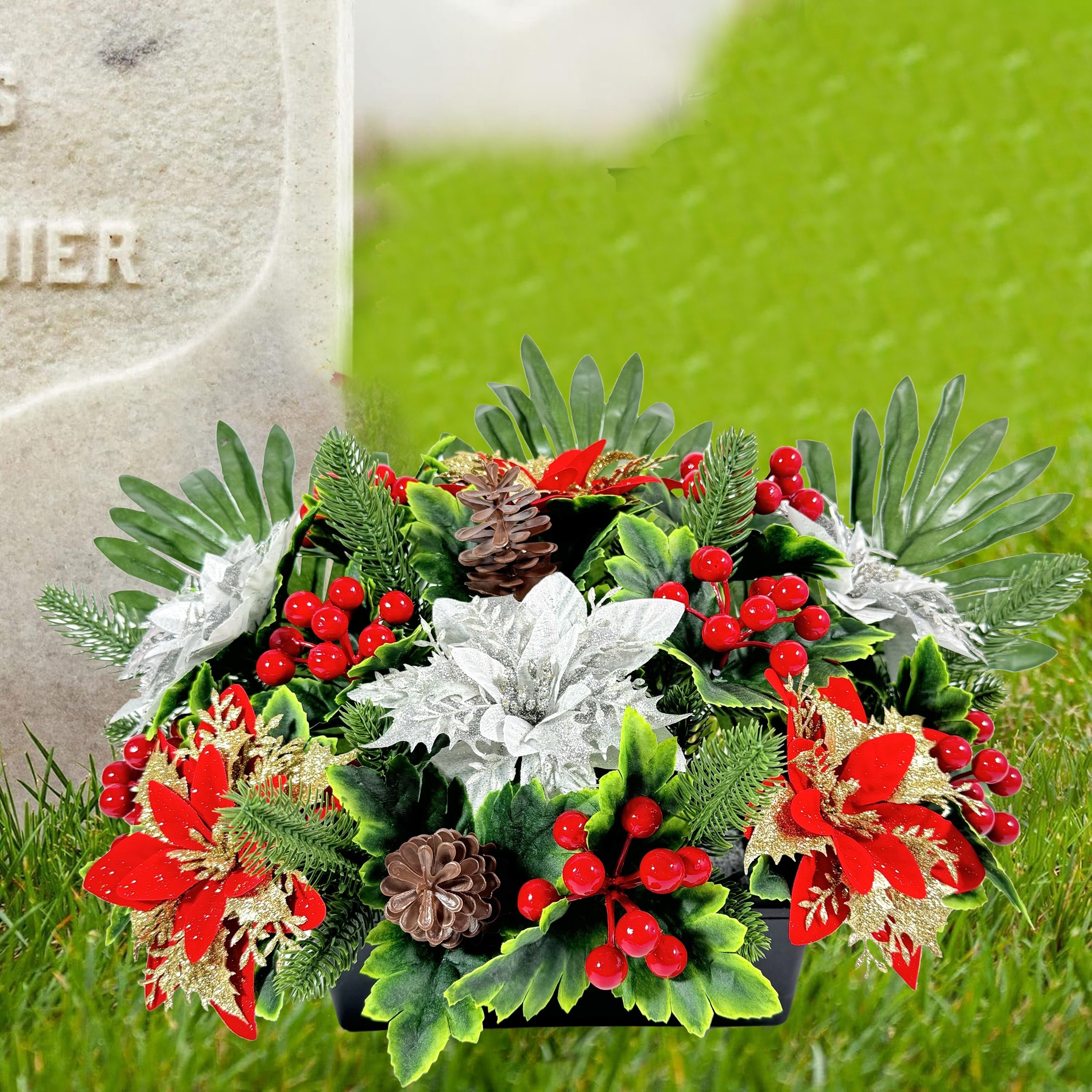 

1pc Lifelike Poinsettia Grave Marker - Christmas Cemetery Decor, Outdoor Memorials & Funeral Tributes