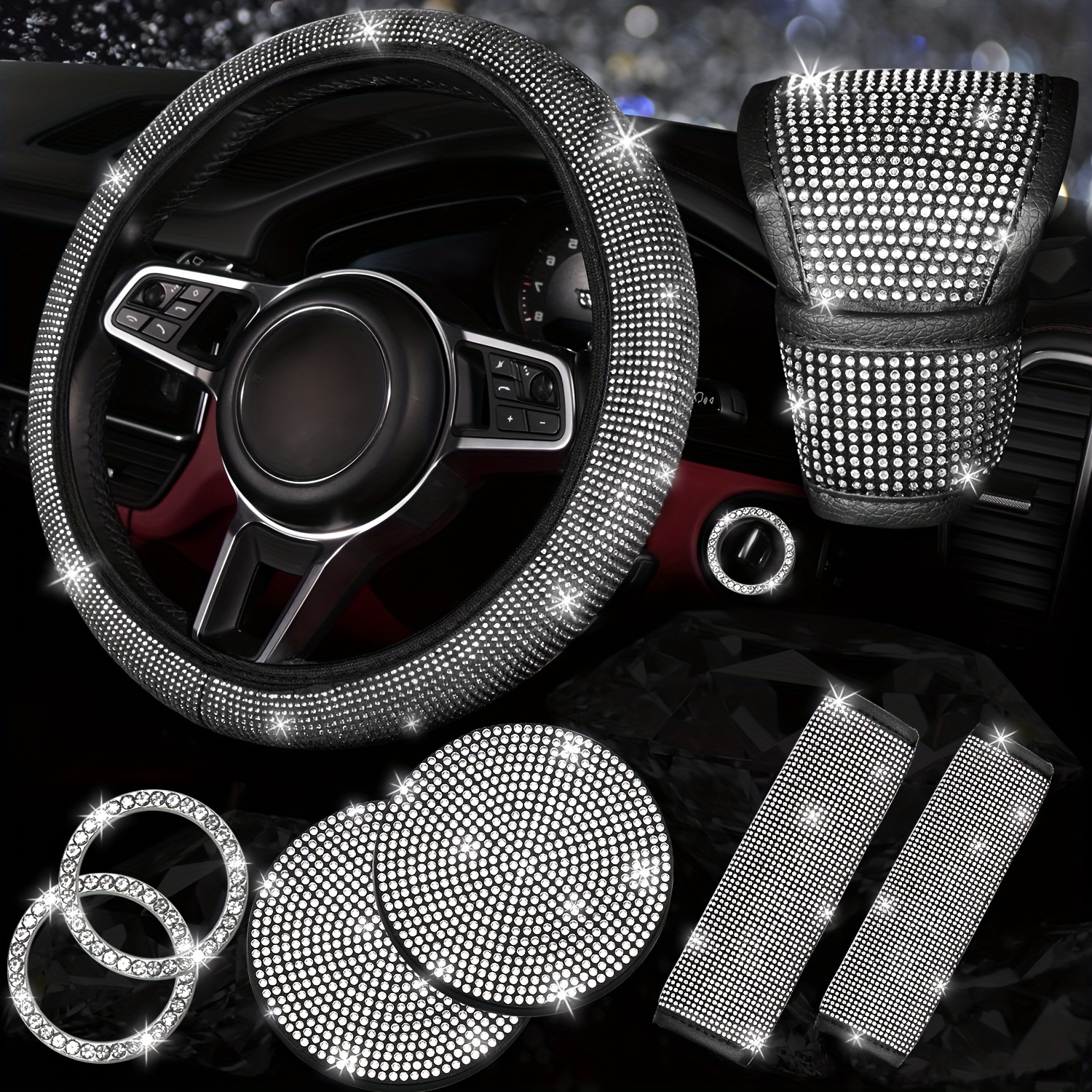 TEMU 8pcs Bling Car Accessories Set For Women, Bling Diamond Steering Wheel Cover, Bling Car Coasters, Sparkly Seat Belt Covers, Bling Gear Shift