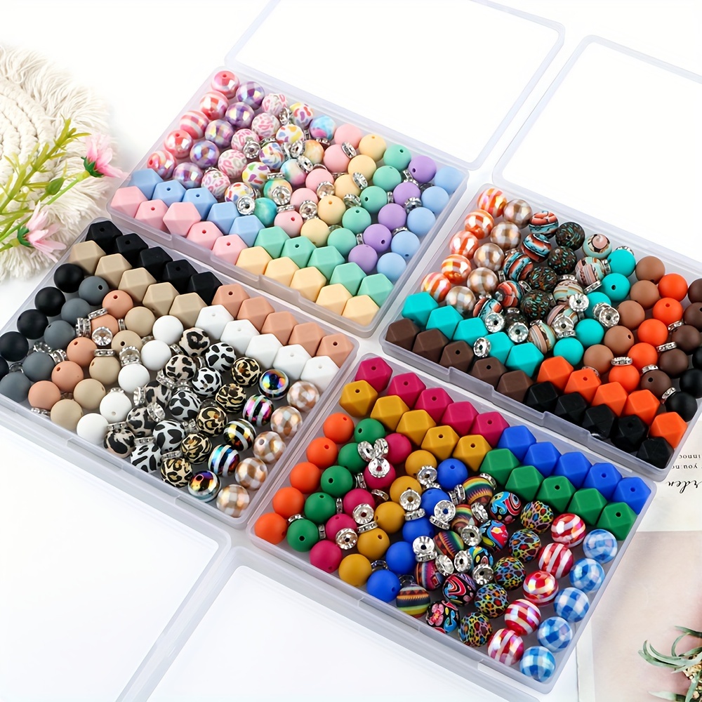 

100pcs Silicone Beads Box Set, Hexagonal, Striped, Printed Beads, For Diy Crafts, Bead Pens, Keychain Pendants