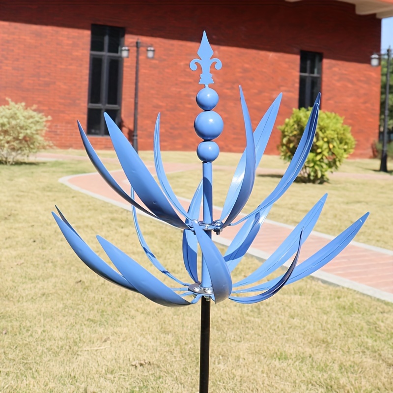 

Harlow Outdoor Iron Wind Spinner Sculpture With Rotating Blades - Blue Garden Stake Windmill Decoration