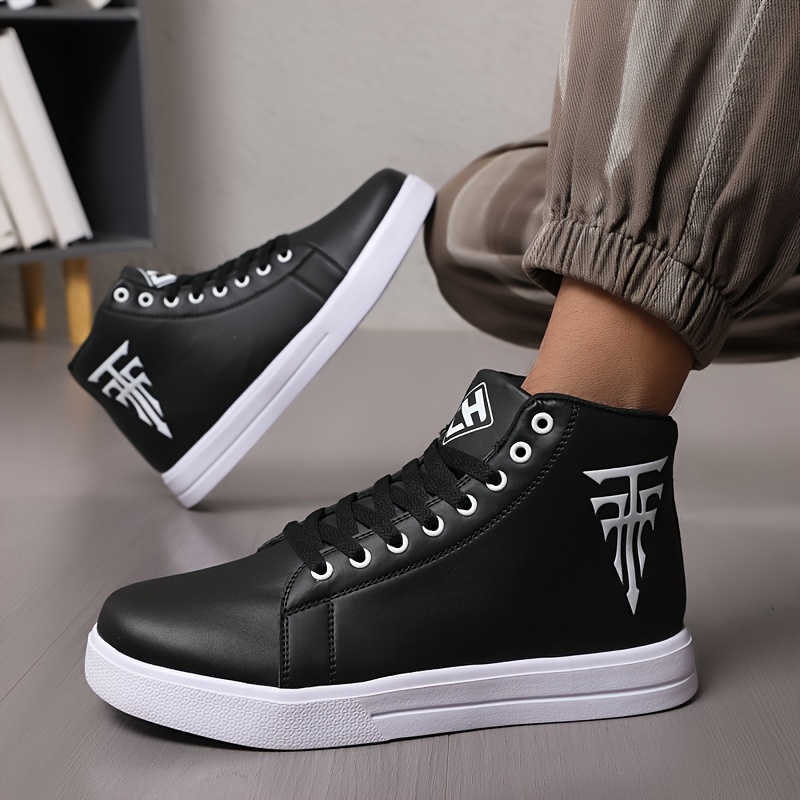 

Plus Size Men's Solid Colour High Top Skateboard Shoes, Comfy Non Slip Lace Up Rubber Sole Sneakers For Men's Outdoor Activities