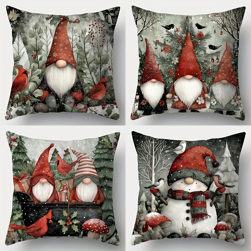 TEMU Lot de 4 taies d'oreiller imprimées sur le thème de Noël, de style vintage , avec de gnome, de neige et prêtre rouge. Mesurant 17,7x17,7 pouces,