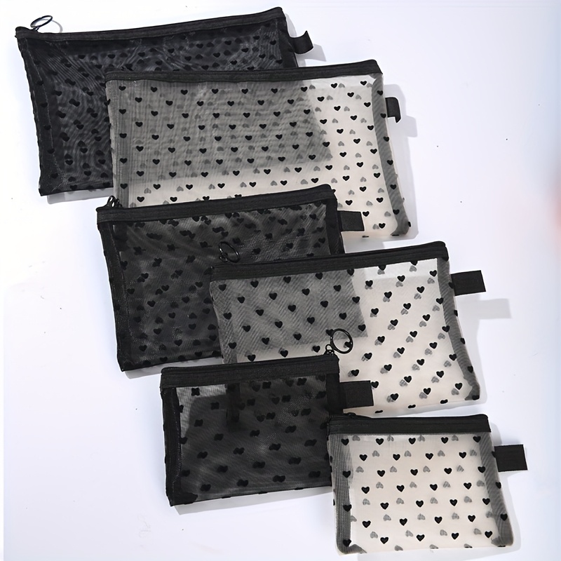 TEMU Set Of 6 Heart-shaped Velvet Storage Bags, Made Of Nylon Mesh, In Sizes, With Zipper Closure, Suitable For Organizing Skincare , Large Capacity,
