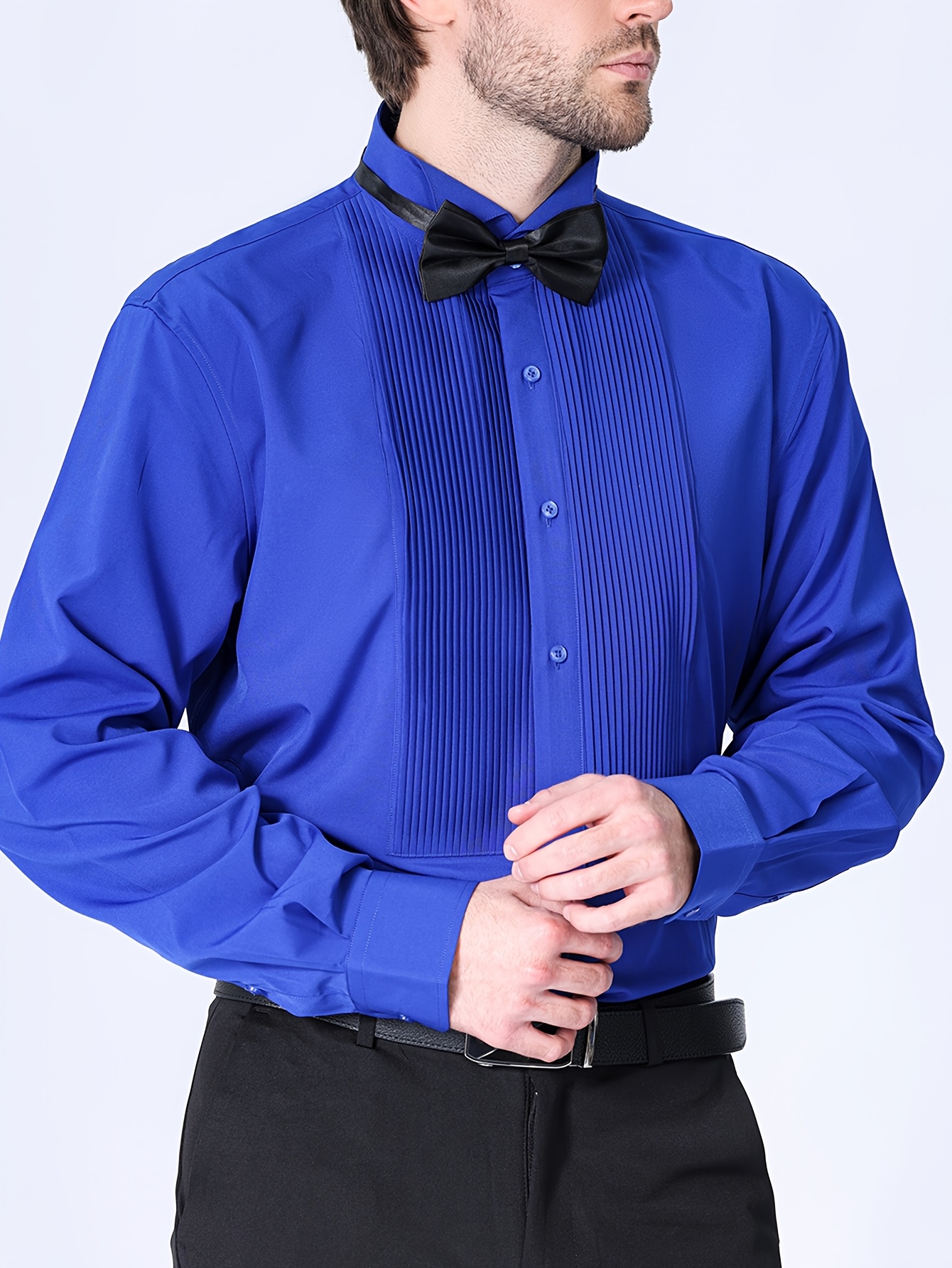 black dress shirt with blue bow tie Wing Tip Pleated Tuxedo Shirt-Black | Shirts