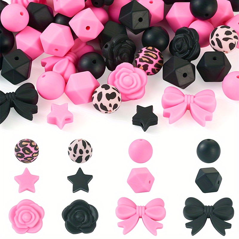 

64pcs Black And Pink Silicone Beads 15mm Round Beads Leopard Print Star Flower Butterfly Bow Shape Spacer Beads For Diy Pen Keychain Hanging Rope Bracelet Necklace Jewelry Making Craft Beads