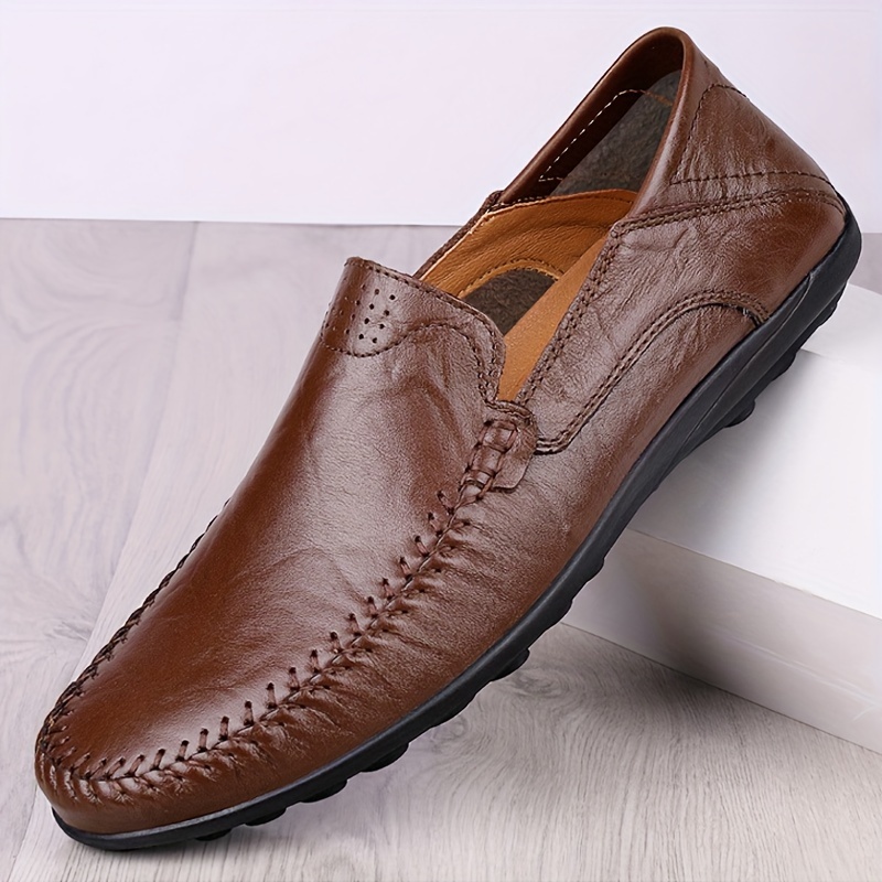 *'s Casual Slip-On Loafers Minimalist Business Cow Split Leather Shoes  with Rubber Sole, PU Inner Breathable Round Toe