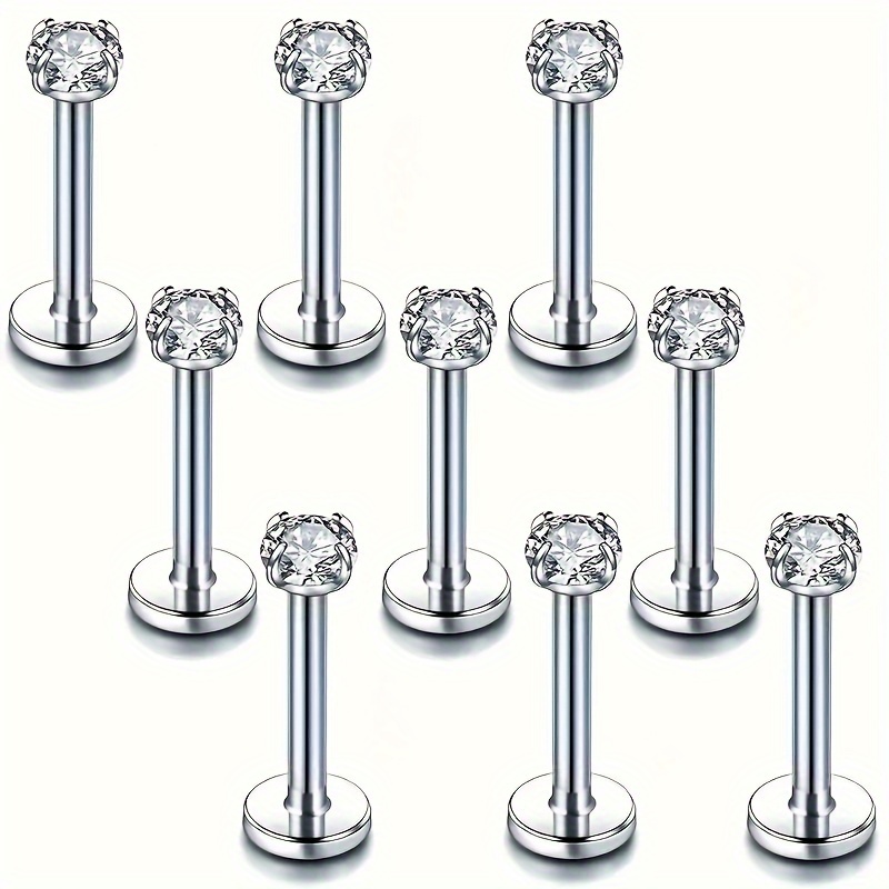 

9pcs Minimalist Style 316l Stainless Steel Piercing Studs, Inlaid Zirconia, Assorted Set For Women & Men, Nose Studs, Helix, Cartilage, Flat Back Earrings