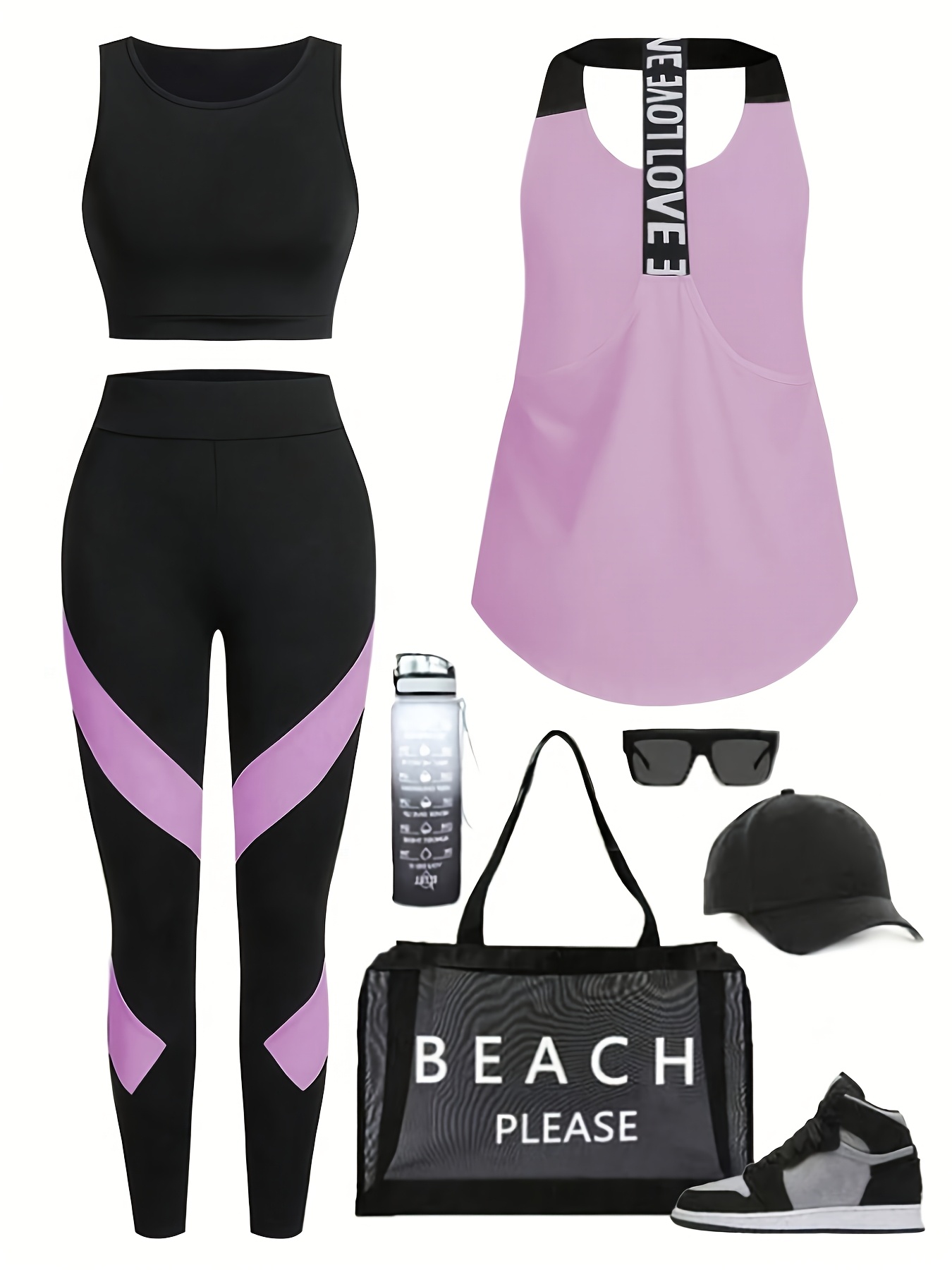 3 броя спортен екип с цветен блок, дамски едноцветен потник с кръгло деколте и клин, спортен екип, цветен блок с обединени букви, ръкави без ръкави, фитнес оборудване, фитнес облекло, спортно облекло, подходящ за йога, пилатес, бягане