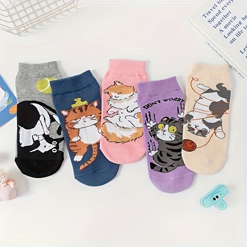 

5 Pairs Cartoon Cat Socks, Novelty College Style No Show Socks, Women's Stockings & Hosiery