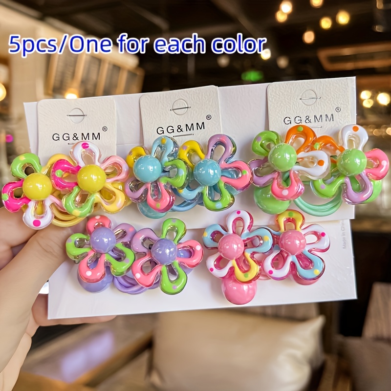 Image of 5pcs Of Colorful Acrylic Ponytail Hair Ties, Of Painted Flower Hair Bands, Cute Beaded Women's Headbands, Elastic Rubber Hair Ropes For Adorable Hair Additions