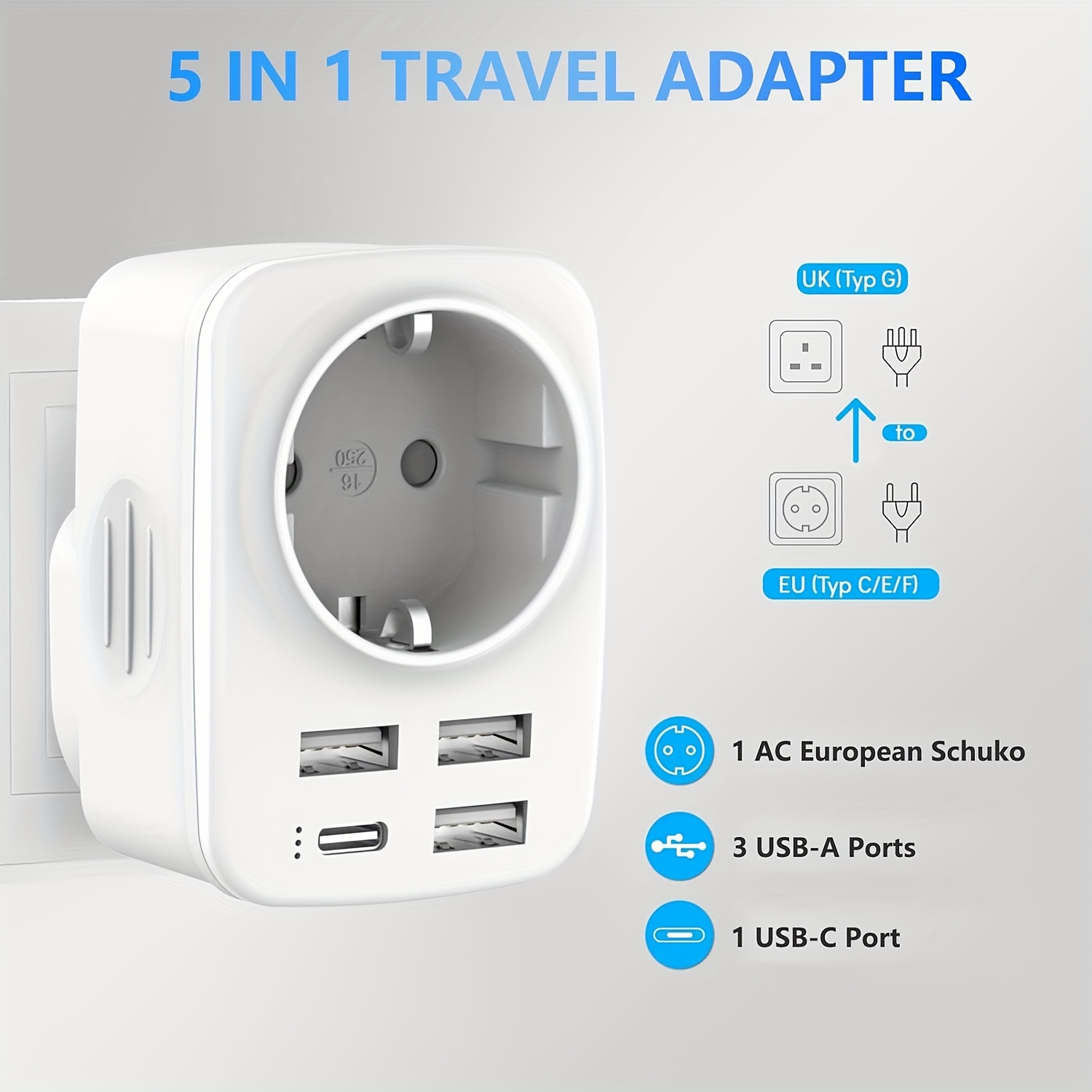Upower Estive Adattatore Viaggio Universale 75W – Con 4 Porte USB – Compatibile EU/UK/AU/US Plug Rj 45