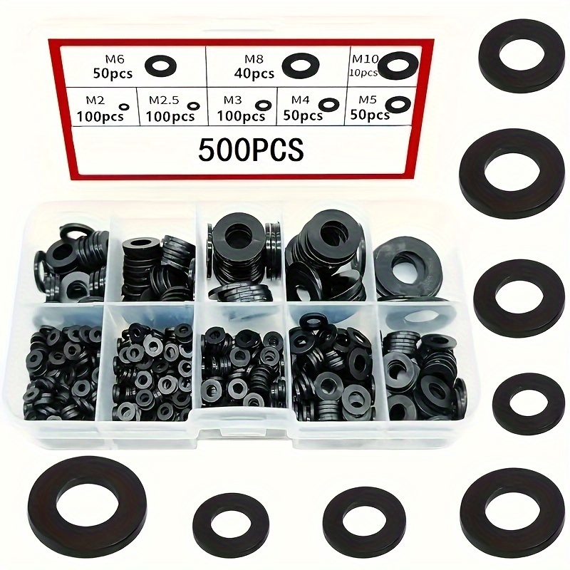 

500/1000pcs Black Nylon Flat Washer Assortment Kit: Perfect Electrical Connections For Household & Commercial Appliances (m2-m12)