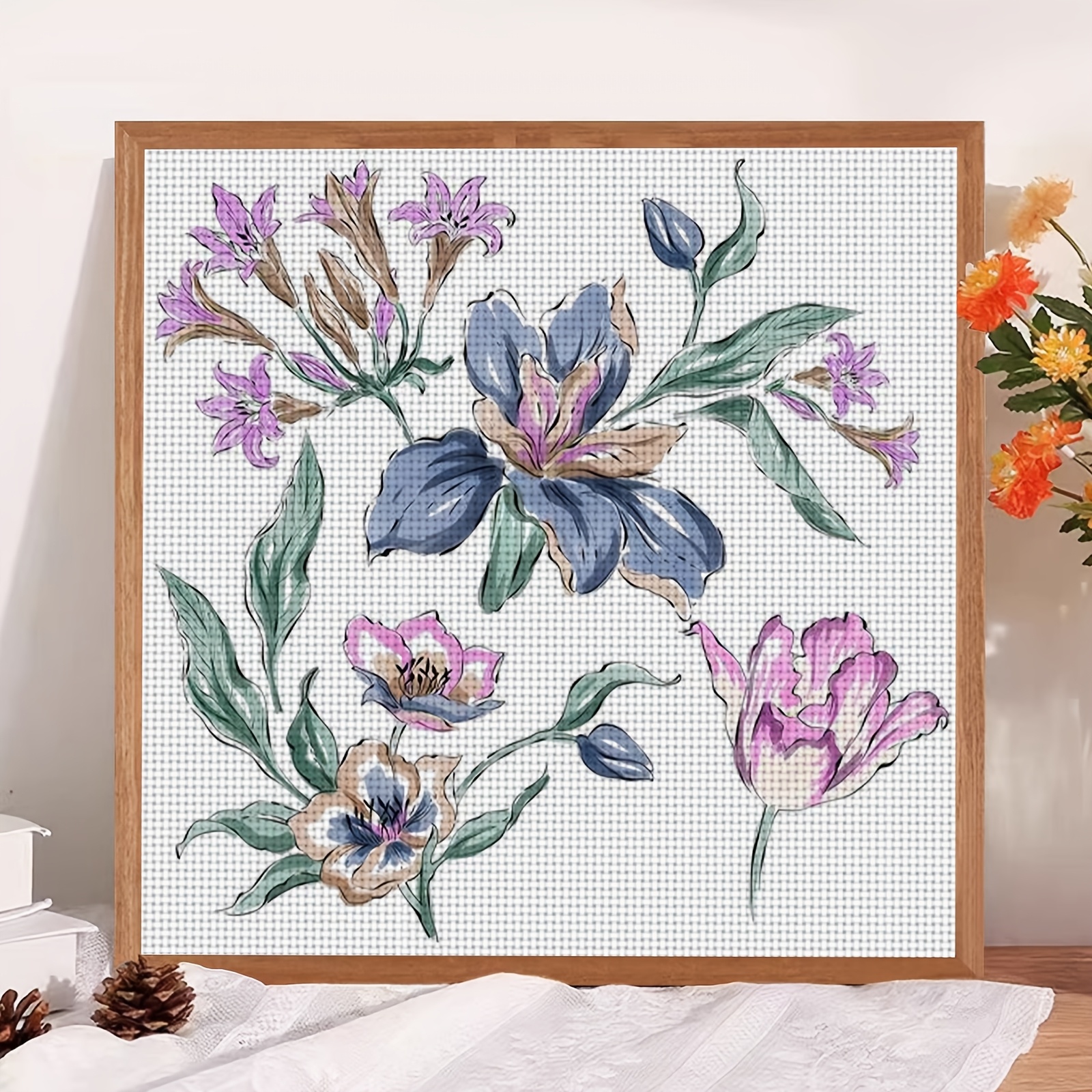 DIY Cross-stitch Printed Kit, Unframed, "Colorful Floral Hand-painted Pattern"