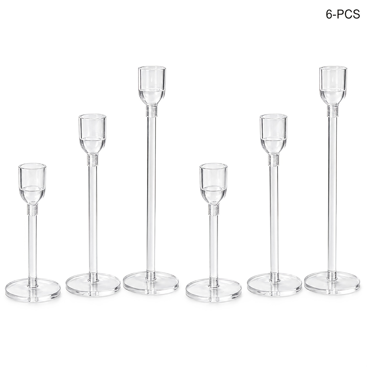 TEMU Transparent Acrylic Candlestick 6pcs Set, Crystal-like Desktop Decoration Candlesticks, Modern Minimalist High-low Combination, Transparent