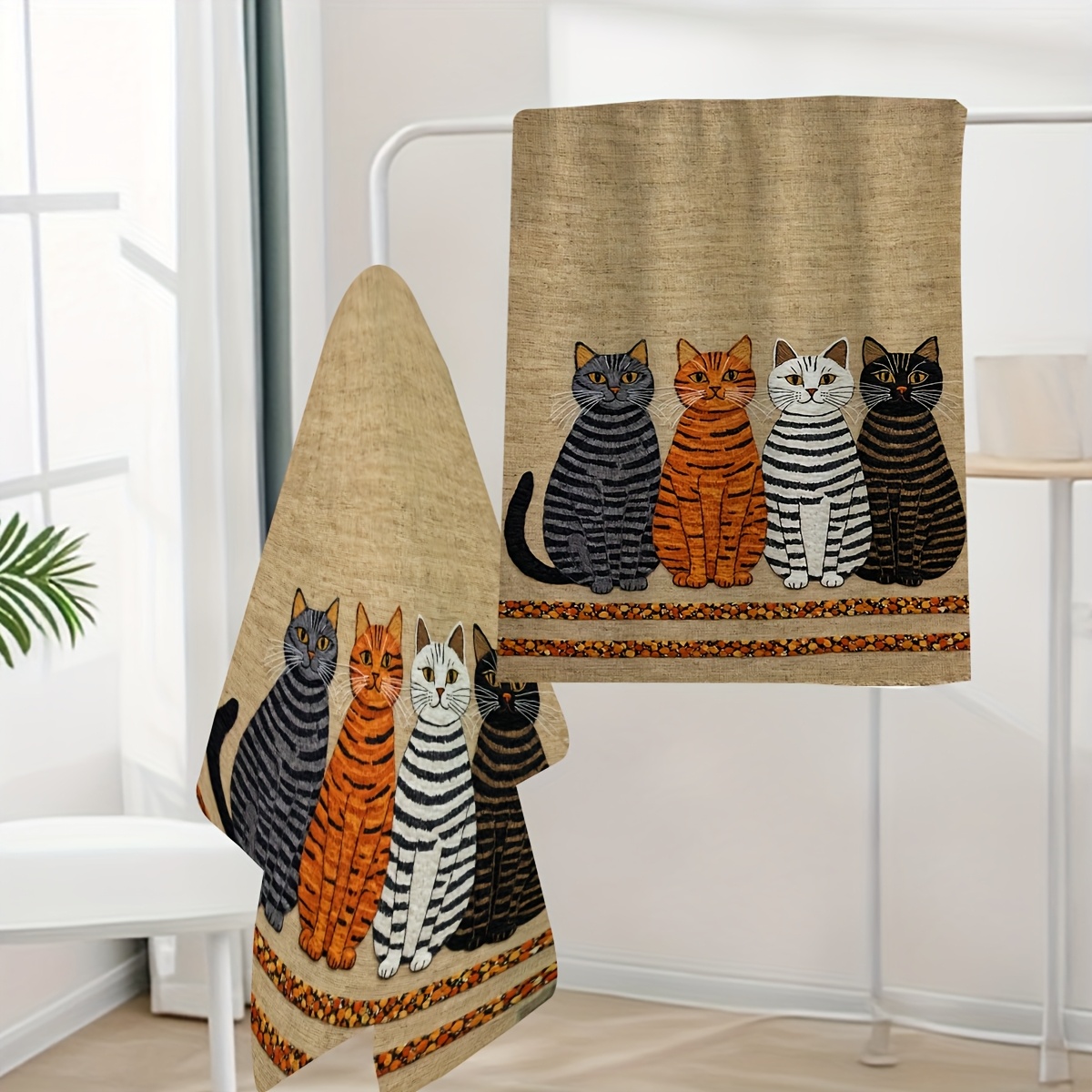 TEMU 【2枚セット】猫好き必見！刺繍入りタオル。秋のギフトに最適。プリント柄とストライプ柄が特徴。様々なホリデーパーティー、ギフト、販促品に。秋タオル、速乾タオル。